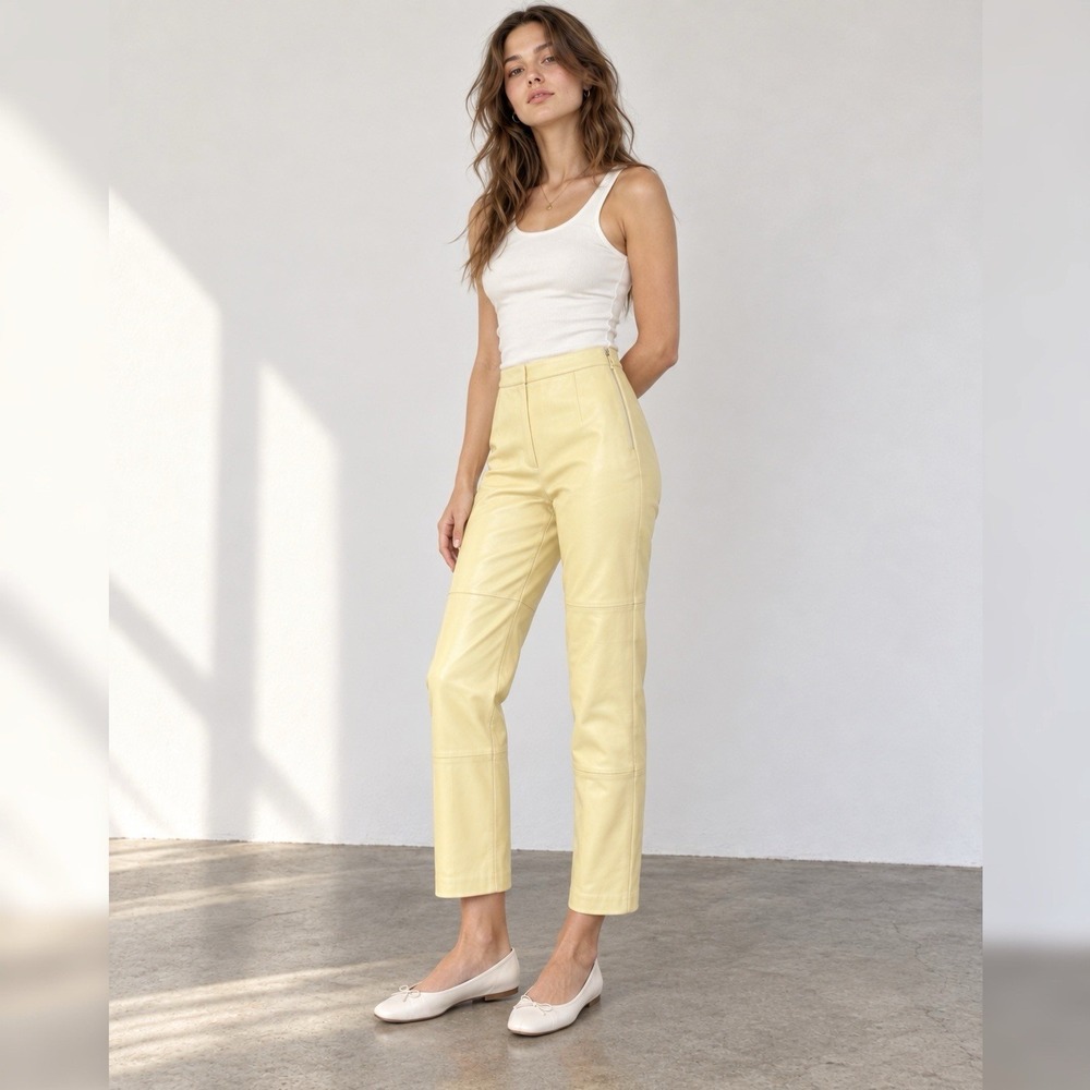 Vtg Womens Butter Yellow Leather Pants 10 Straight Cropped Y2K High Rise Pastel